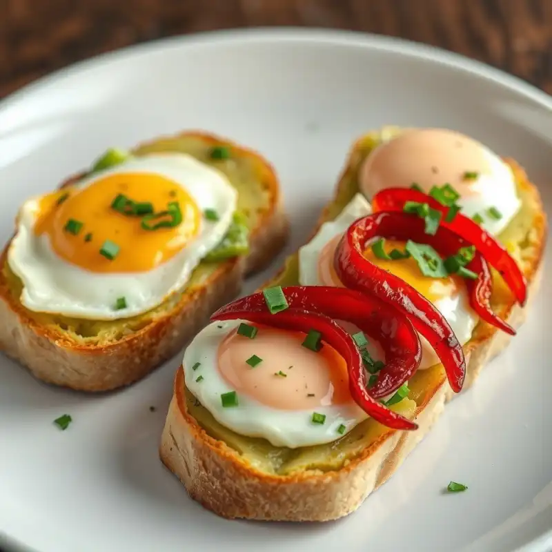 Tostadas de Aguacate con Huevos Pochados y Pimientos Asados