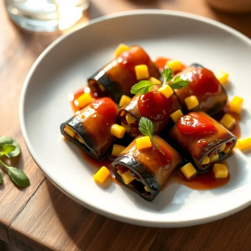Rollitos de Berenjena Umami con Choclo Crujiente