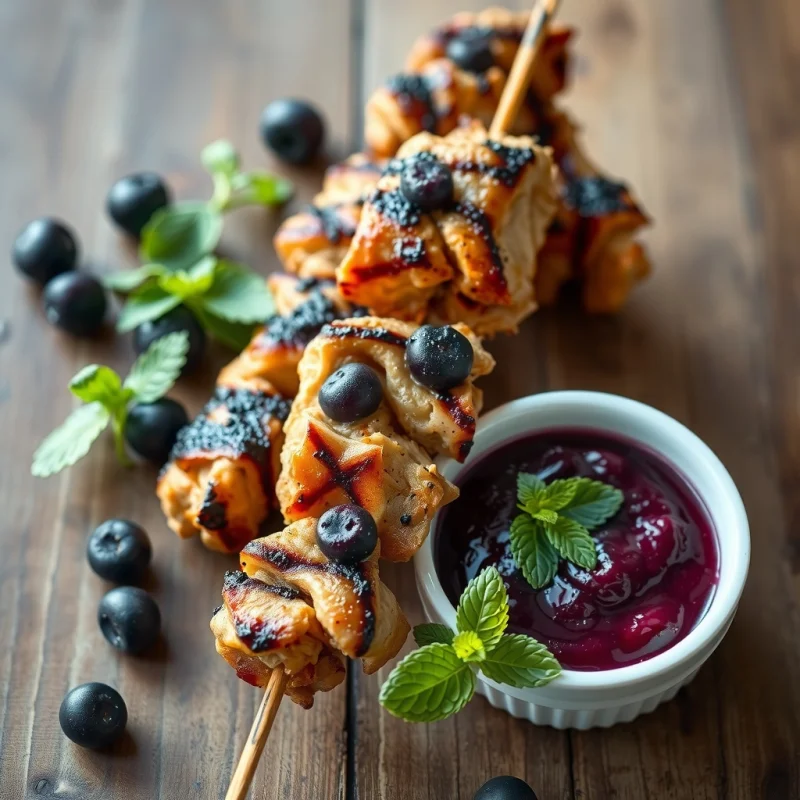 Brochetas de Pollo Ahumado con Salsa de Arándanos y Menta