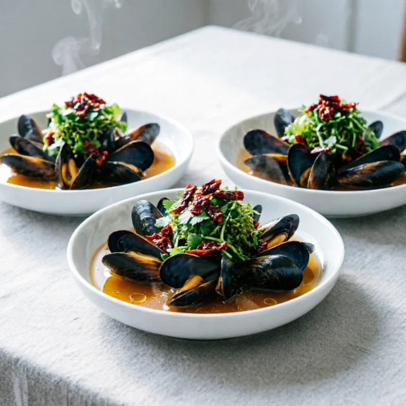 Mejillones Pochados con Tallo de Cilantro y Chile Tostado