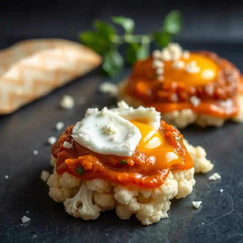 Hojuelas de Coliflor con Huevo Pochado y Chile Pasilla