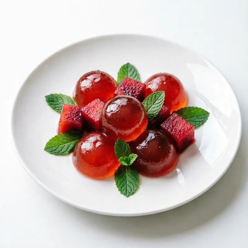 Perlas de Ciruela y Menta con Gel de Tomate Helado