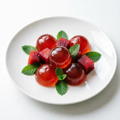 Perlas de Ciruela y Menta con Gel de Tomate Helado