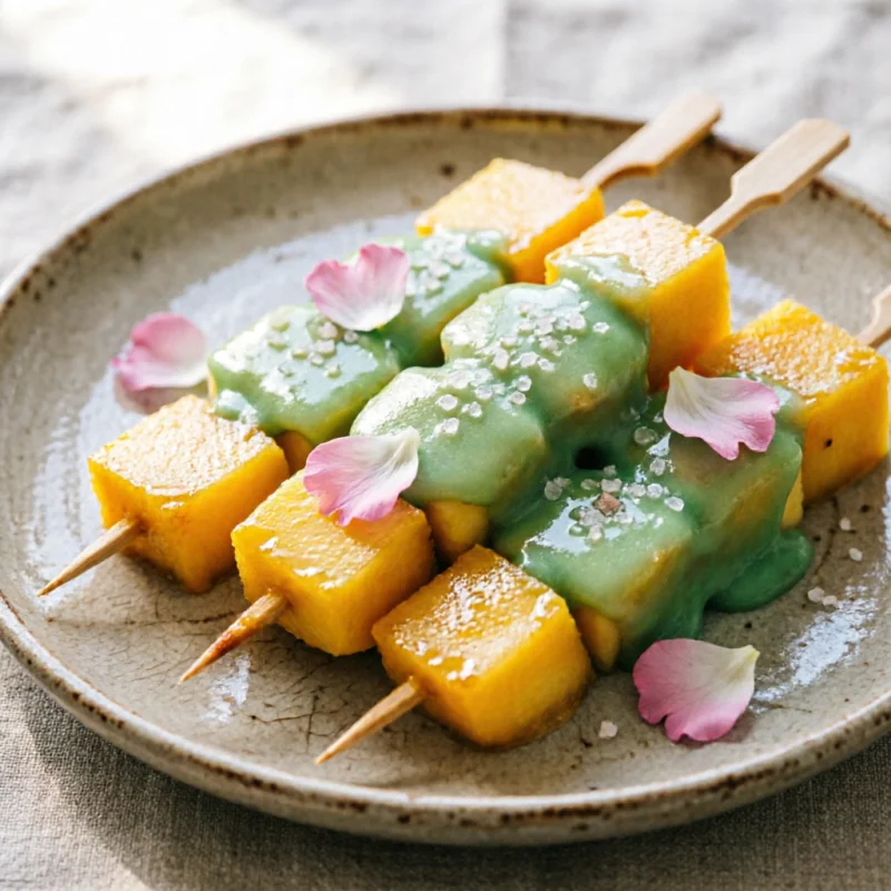 Brochetas de Mango con Albahaca Thai Glaseada