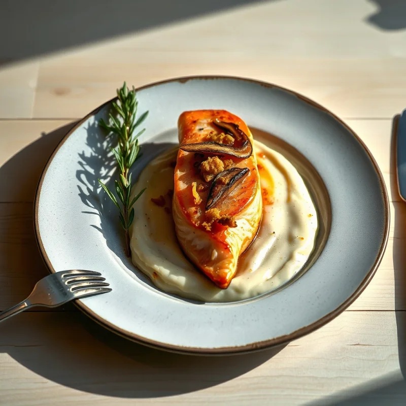 Salmón Ahumado con Puré de Puerro Sedoso