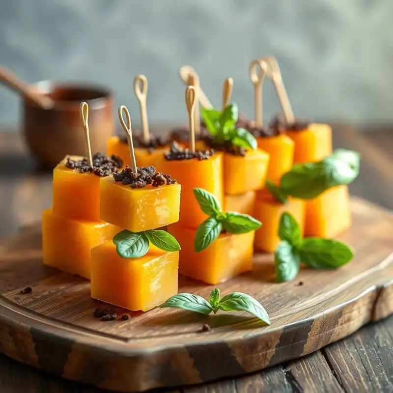 Brochetas Veraniegas de Melón y Albahaca con Crujiente de Café