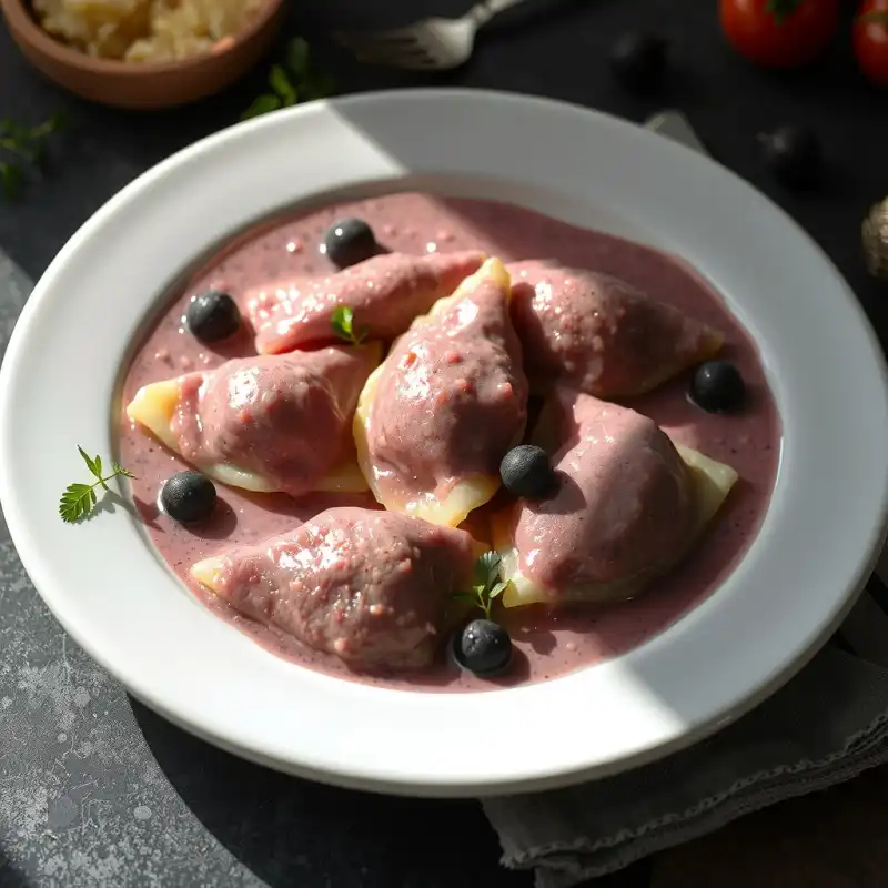 Ravioles de Col Lombarda en Salsa Cremosa de Algas