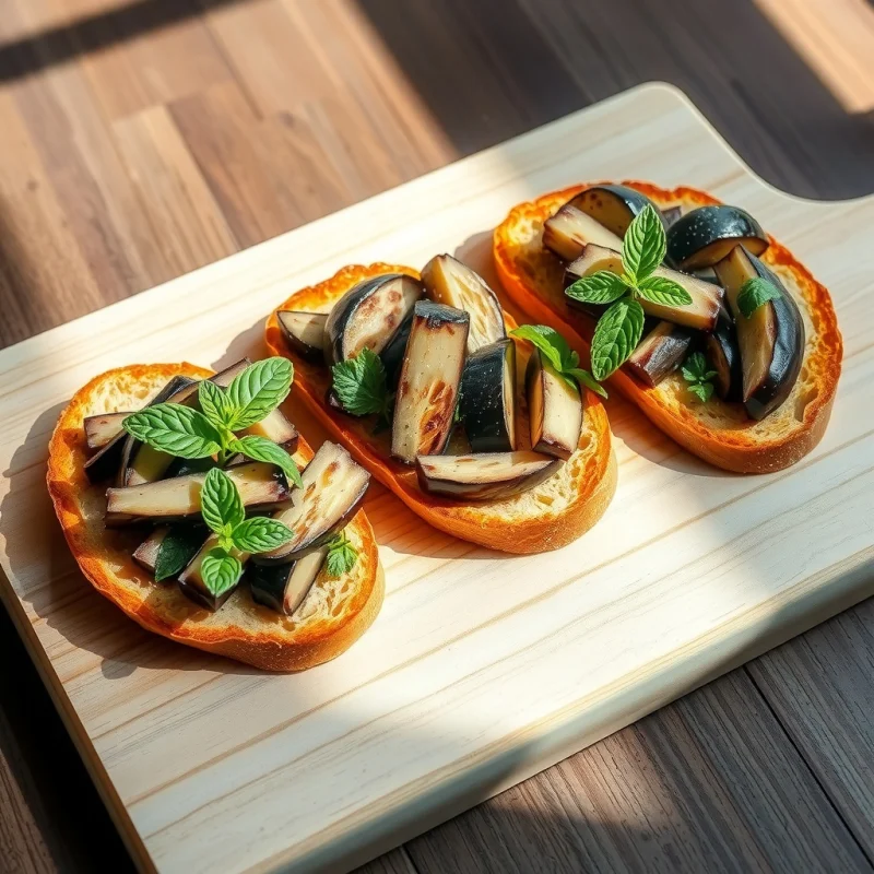 Tostadas de Berenjena Asada con Miso Blanco y Menta Fresca