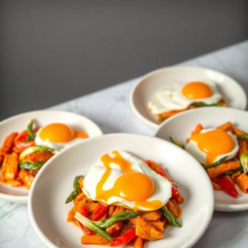 Salteado de Brotes Verdes con Kimchi y Huevo Pochado