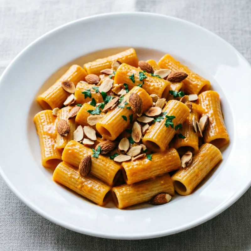 Rigatoni con Salsa de Calabaza Rostizada y Almendras Crujientes