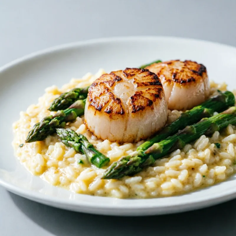 Vieiras Selladas con Risotto de Limón y Espárragos Marinos
