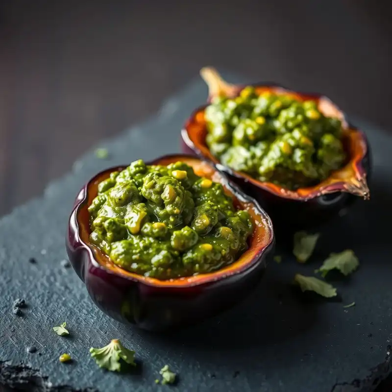 Nidos de Berenjena Caramelizada y Pesto Fresco