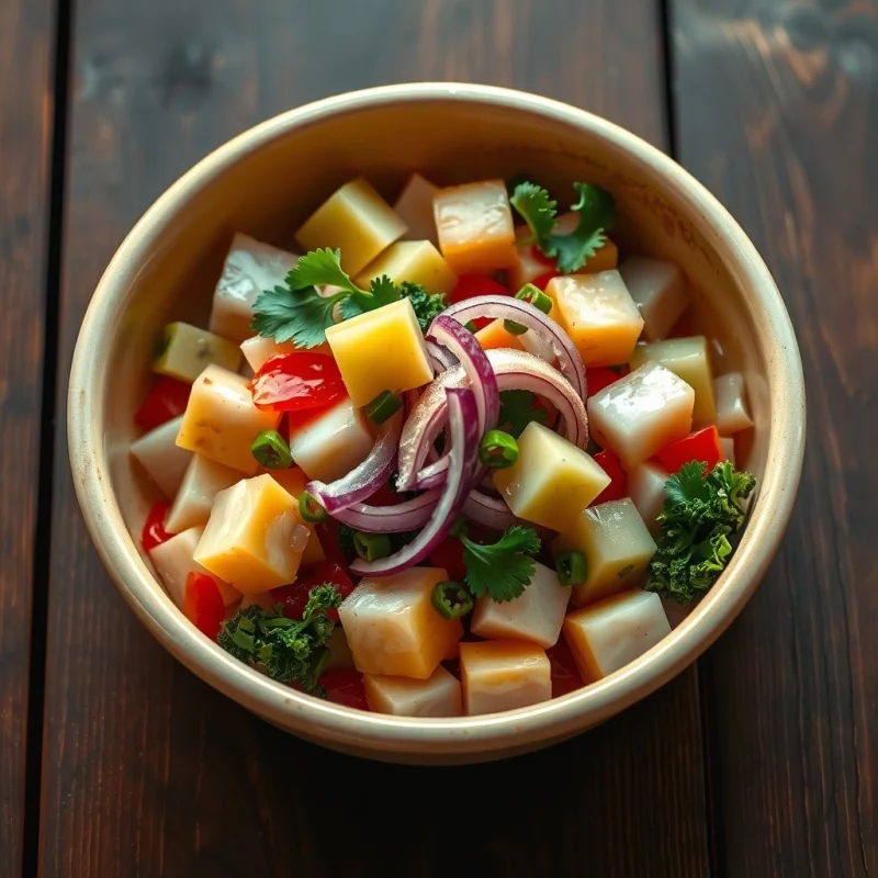 Ceviche Caliente de Corvina con Crujiente de Kale