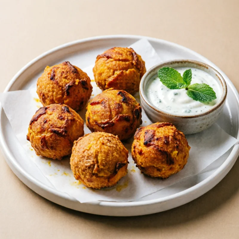 Bolas de Boniato y Curry con Salsa de Yogur y Menta