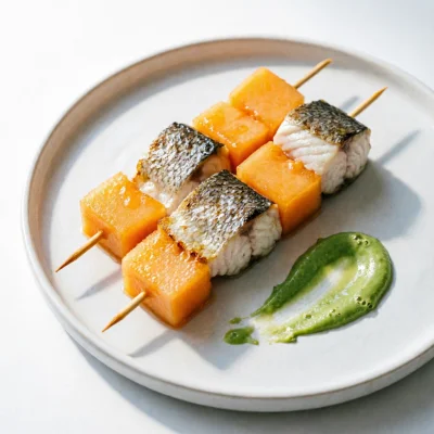 Brochetas de Lubina con Melón y Hierbas Frescas