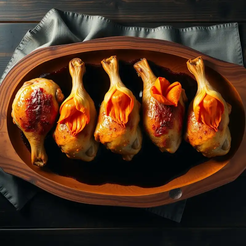 Muslos de Pollo Glaseados con Cidra y Flores de Calabaza