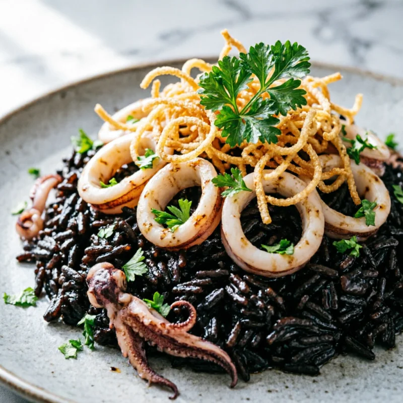 Arroz Negro con Calamares y Adobo de Cítricos