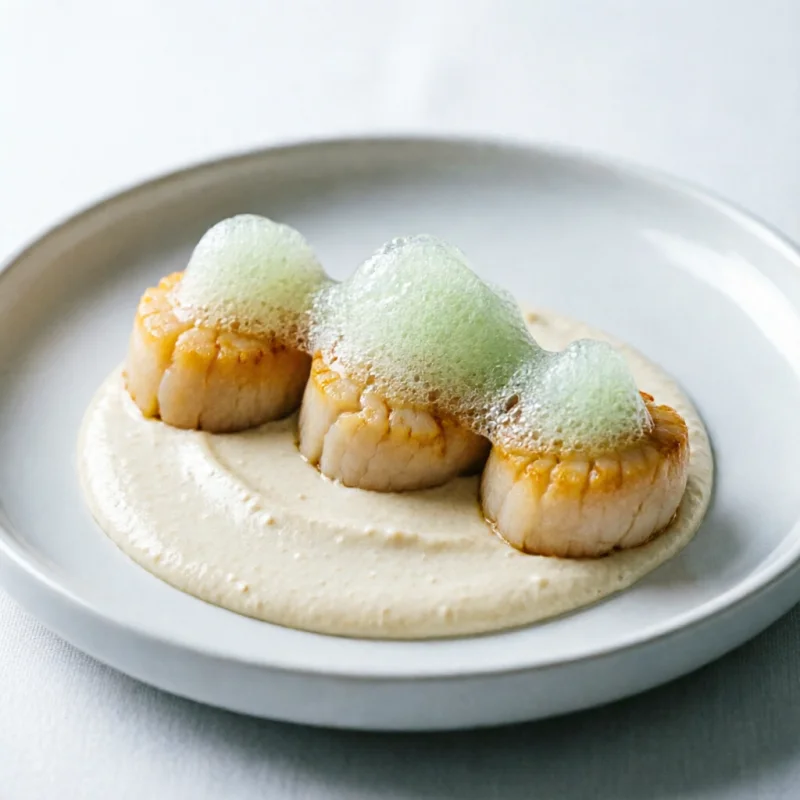 Vieiras Sella-Umami con Crema de Coliflor Tostada y Aire de Manzana Ácida