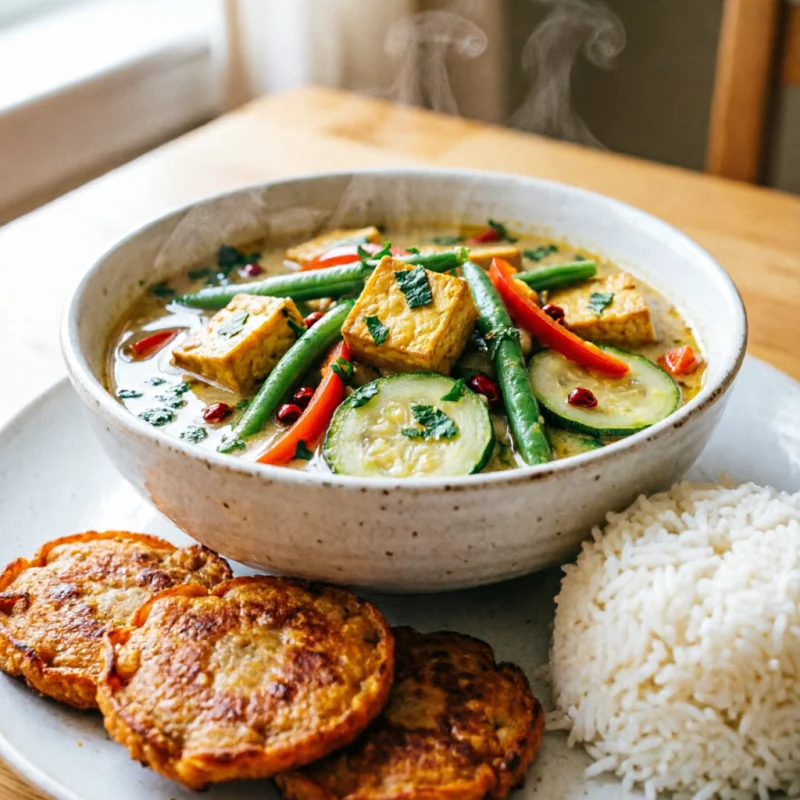 Curry Verde Tailandés con Tofu Ahumado, Verduras y Buñuelos de Boniato