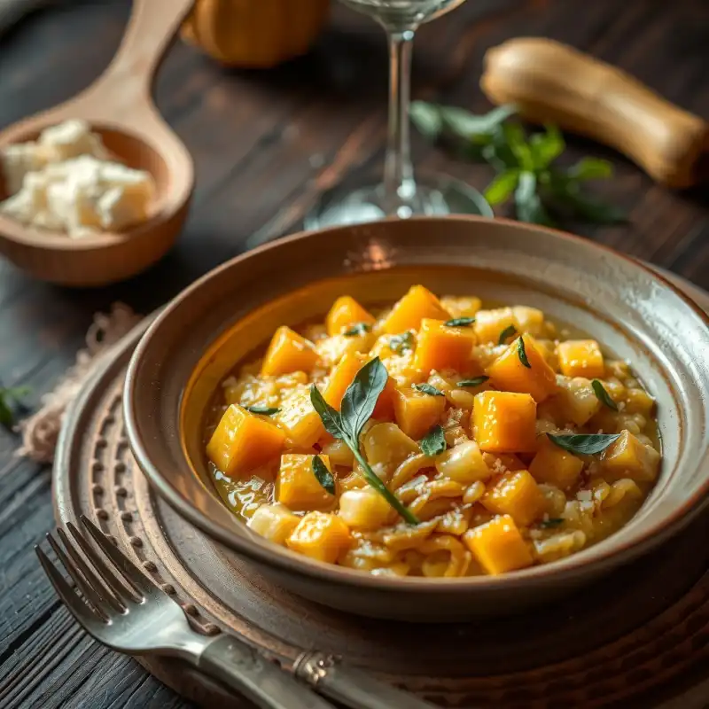 Risotto Otoñal Cremoso con Calabaza y Salvia Crujiente