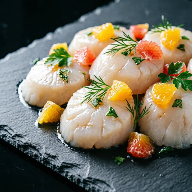 Carpaccio de Vieira Marino con Cítricos y Hierbas Frescas