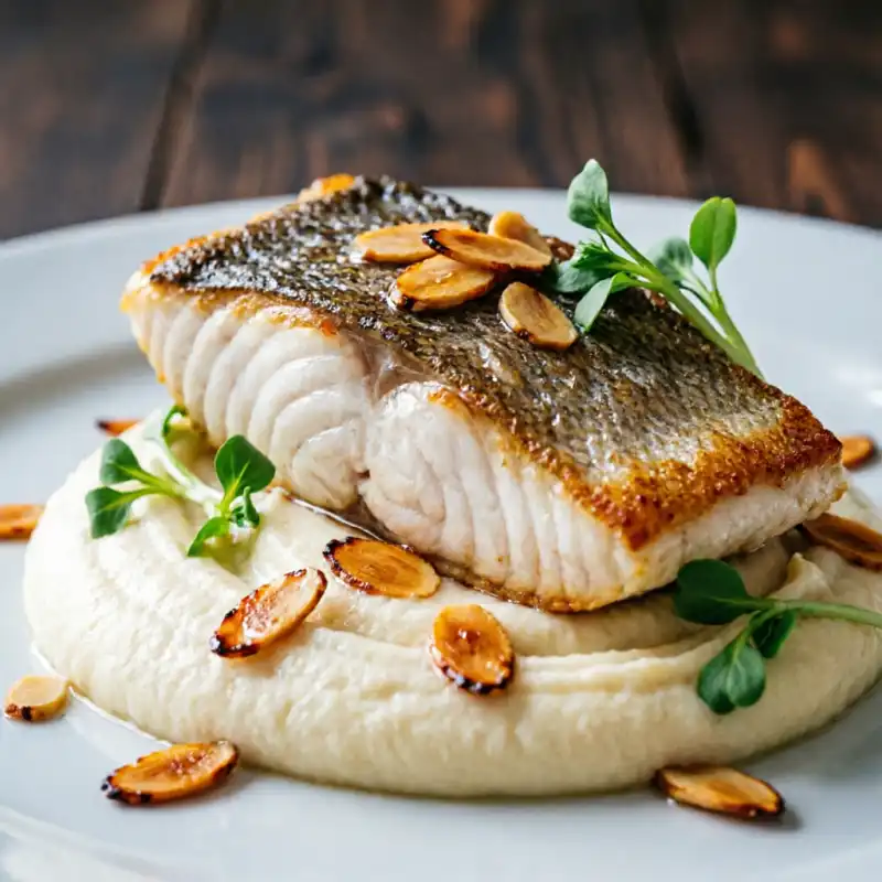 Lubina Sellada con Puré de Coliflor y Almendras