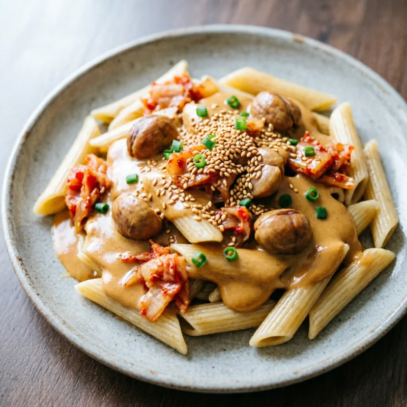Rigatoni con Salsa de Castañas y Kimchi