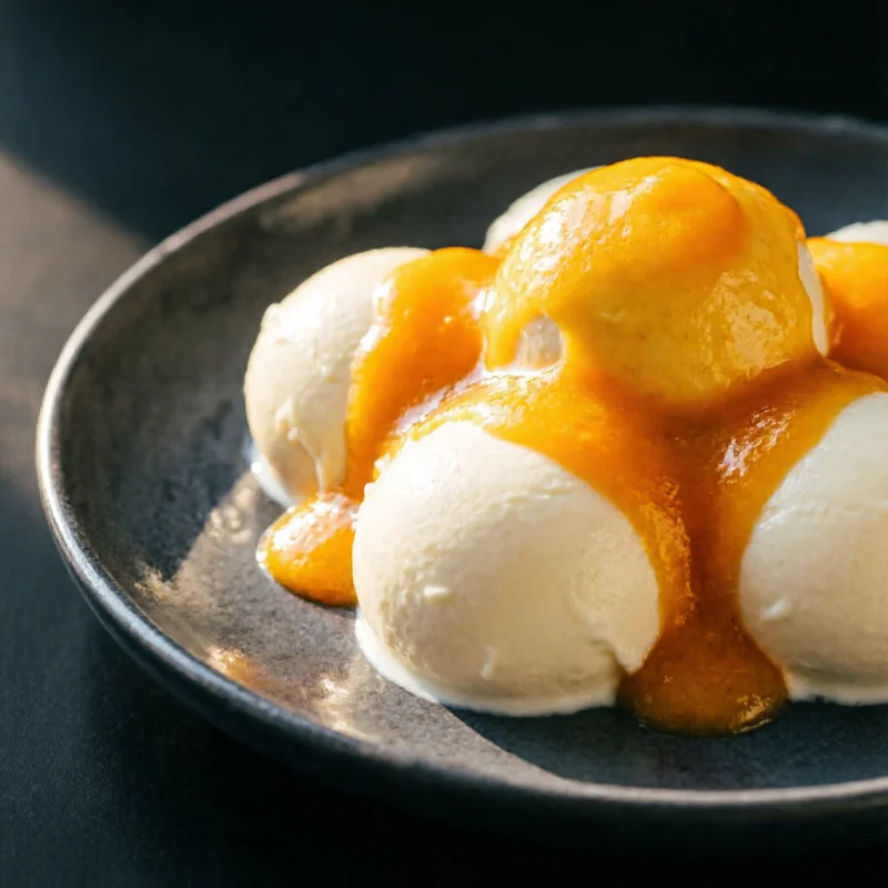 Bolas de Yogur Cremosas con Salsa de Mango Tropical