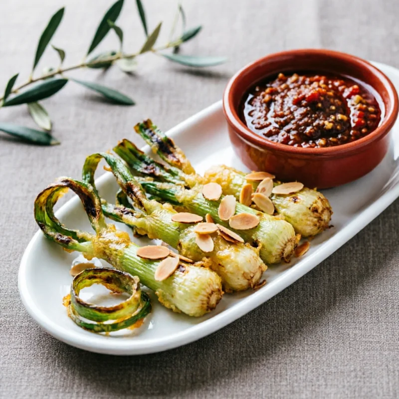 Calcots en Tempura con Salsa Romesco Amarga