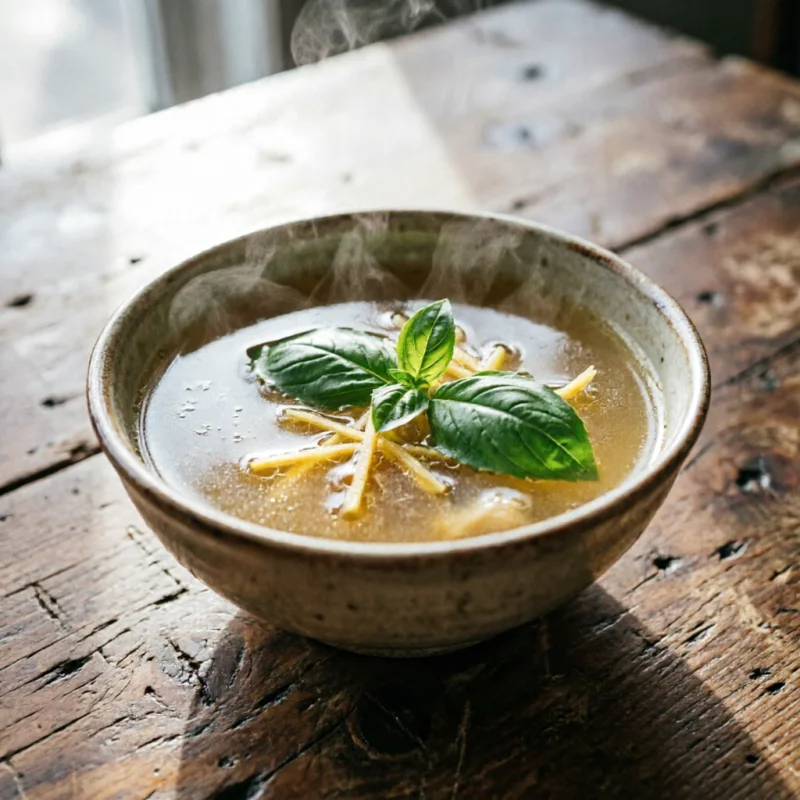 Caldo de Pieles de Melocotón y Albahaca