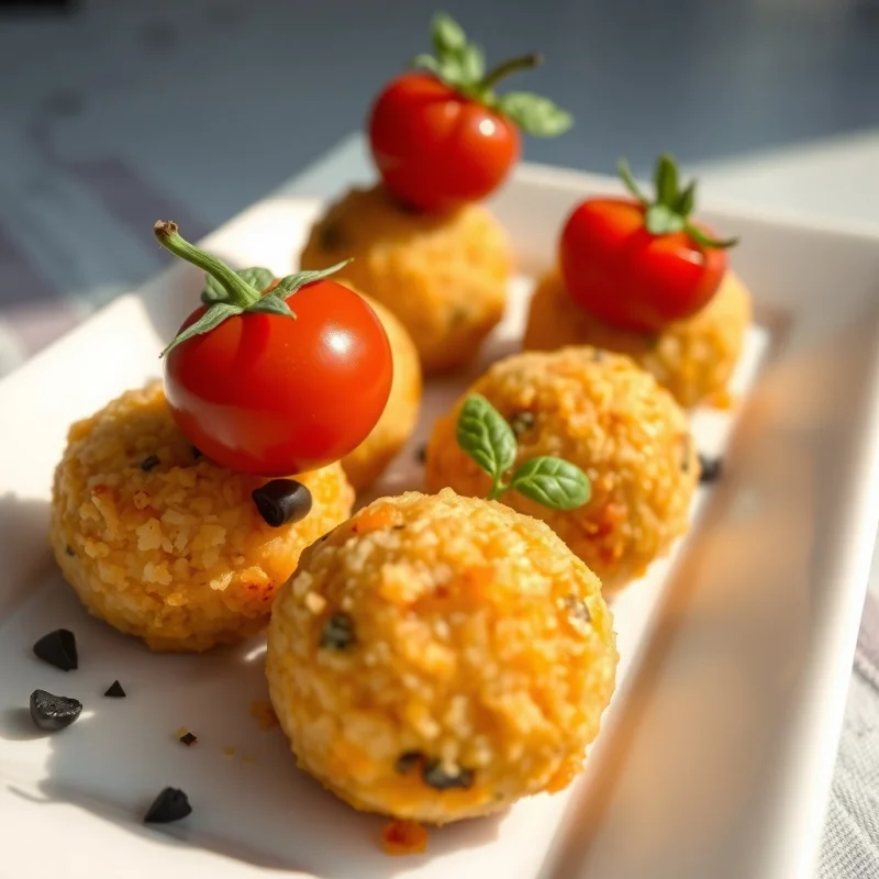 Bolitas Crujientes de Patata Rellanas de Tomate Confitado y Aceituna