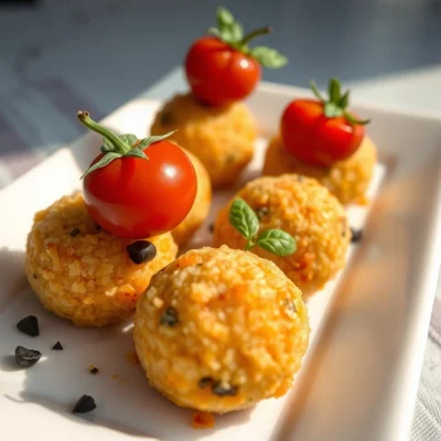 Bolitas Crujientes de Patata Rellanas de Tomate Confitado y Aceituna
