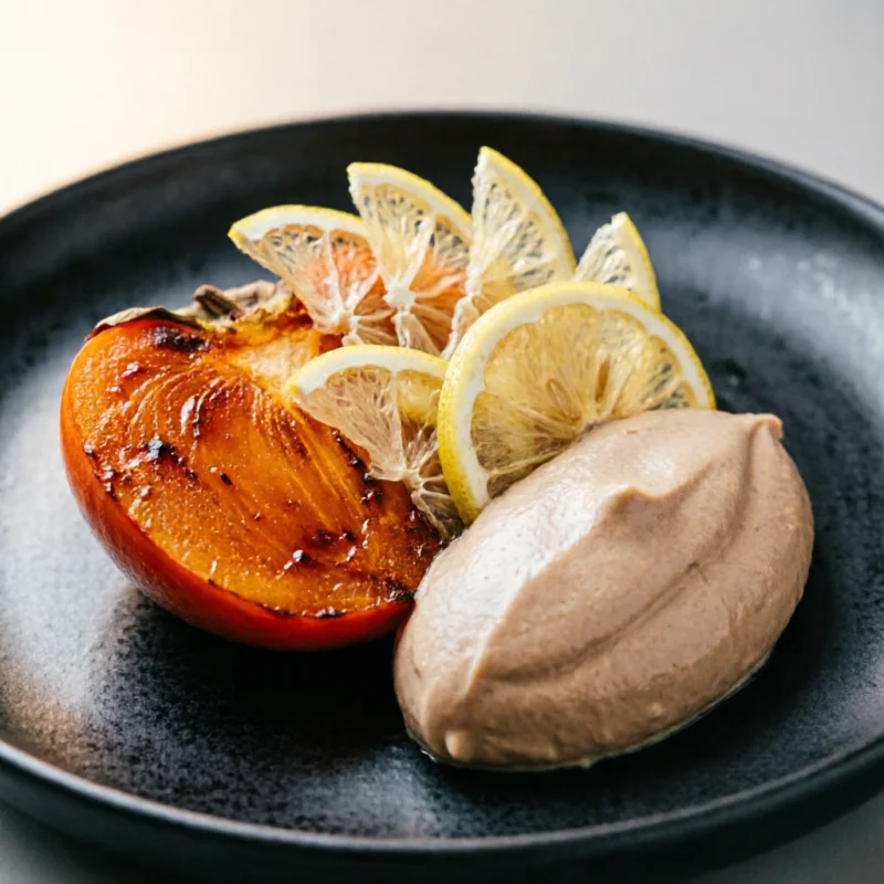 Corazón de Caqui Especiado con Mousse de Castañas y Limón Encurtido