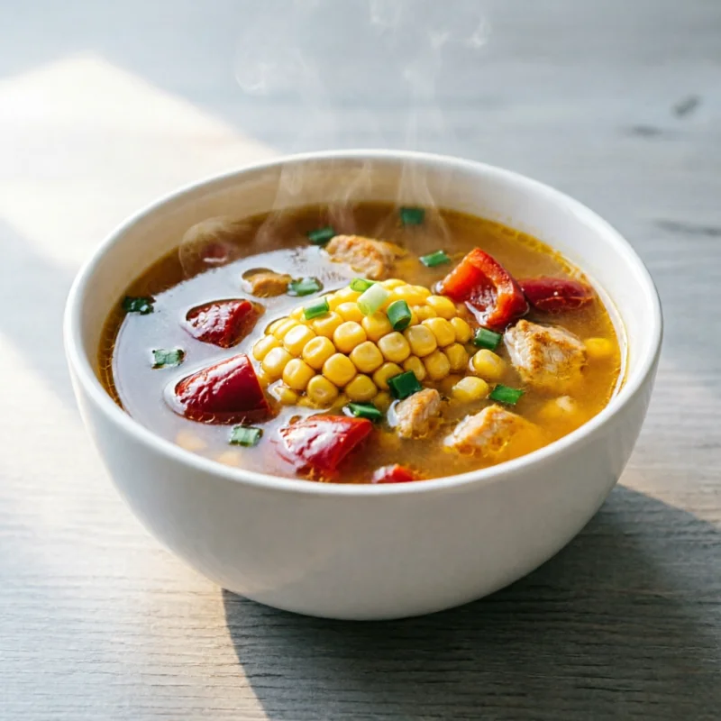 Caldo Brillante de Maíz y Morrón Rojo