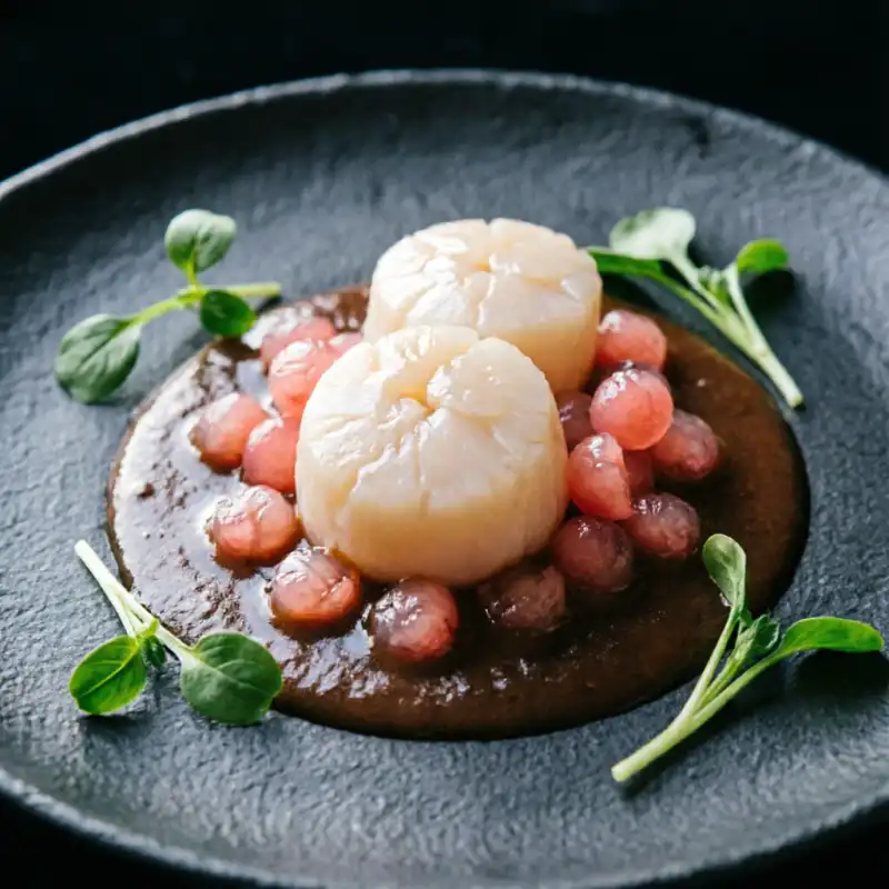 Tartare de Vieira con Perlas de Sandía y Fumet de Hongos Porcini