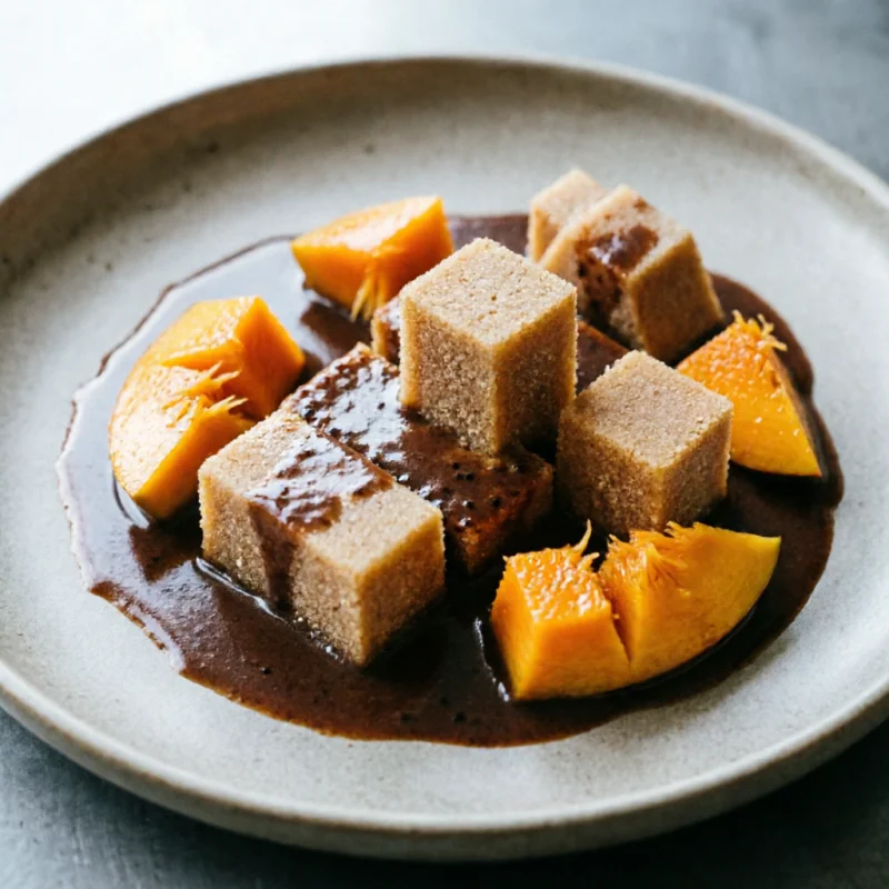 Bocados de Sémola y Mango con Salsa de Cardamomo Negro