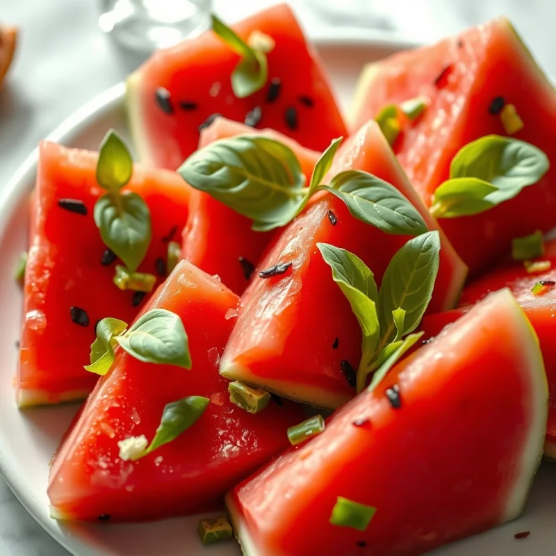 Pétalos de Melón De Agua y Albahaca con Vinagreta de Yuzu