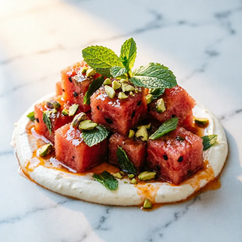 Melón De Agua Marinada con Ras el Hanout y Emulsión de Yogur y Menta