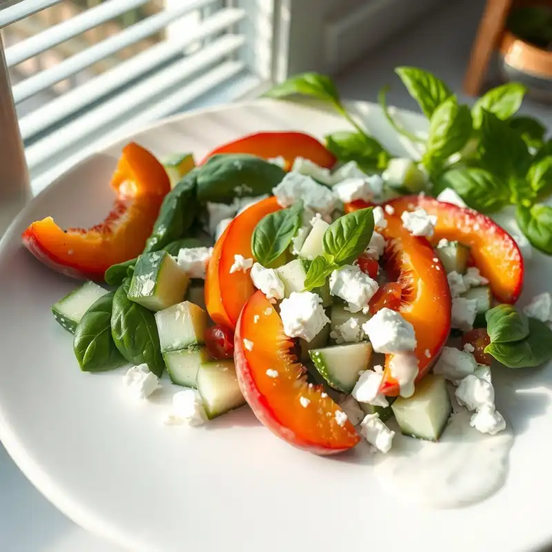 Ensalada Fresca de Melocotón y Albahaca con Vinagreta Cremosa
