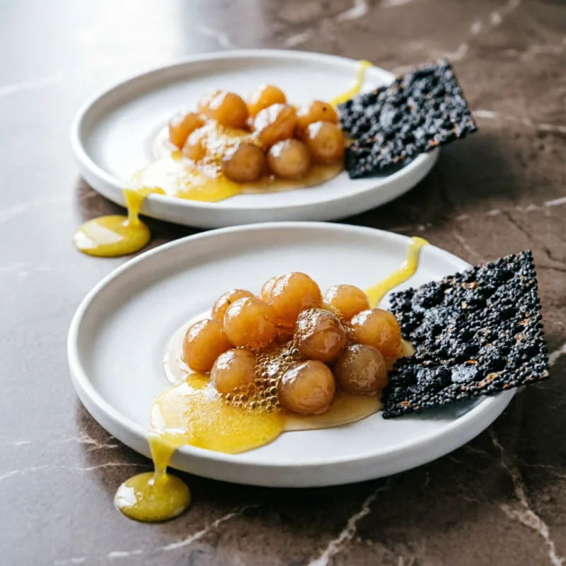Perlas de Pera Pochada con Especias Chinas y Salsa de Lima