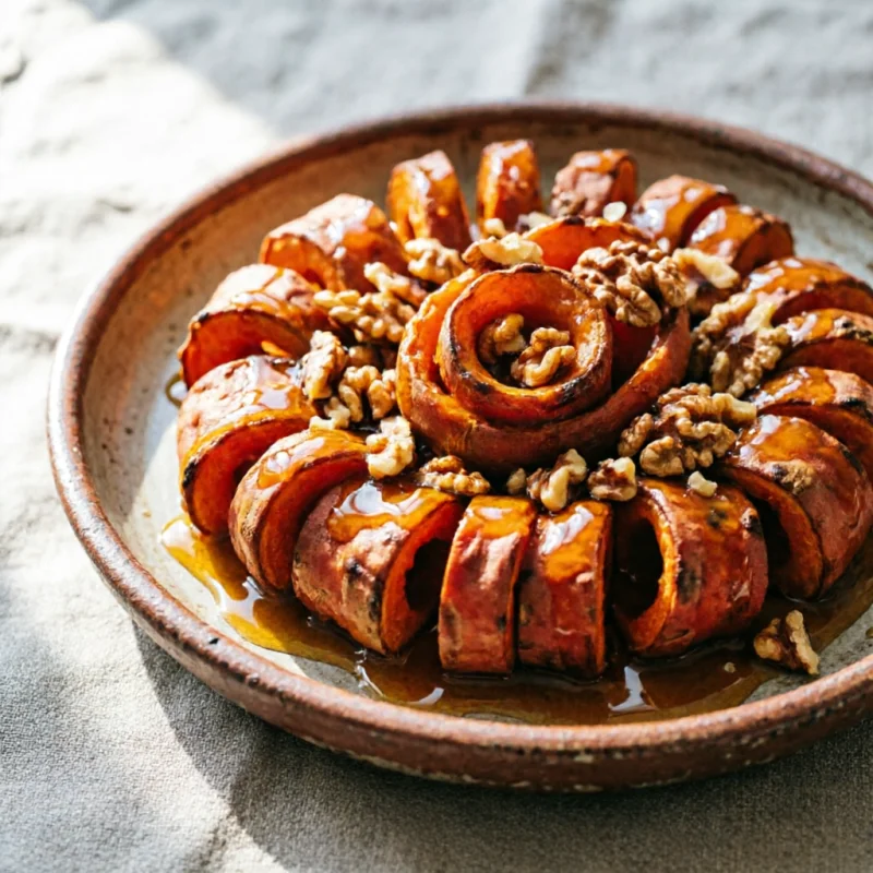 Espirales de Boniato con Salsa de Mostaza y Nueces