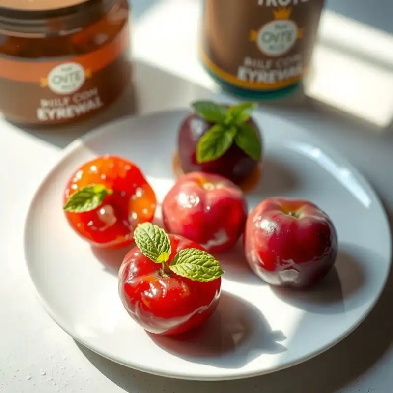 Perlas de Ciruela y Menta con Gel de Tomate