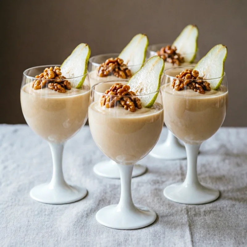 Mousse Cremosa de Pera Especiada con Crujiente de Nueces Caramelizadas