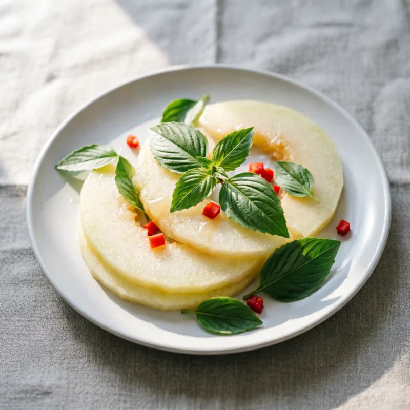 Carpaccio de Melón Amarillo con Crujiente de Albahaca Thai