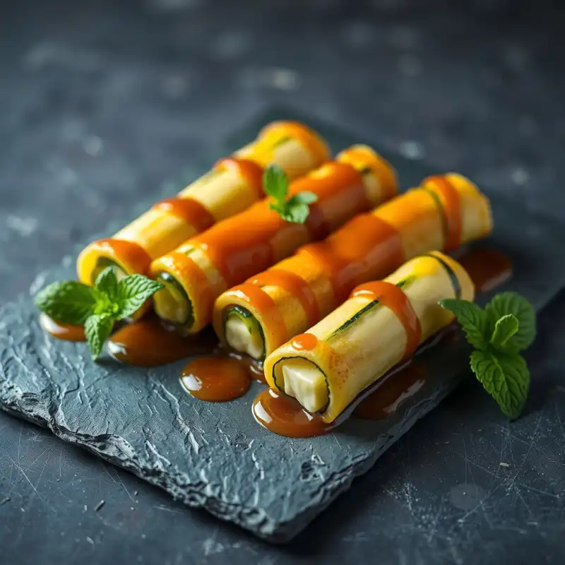 Rollitos de Calabacín Glaseado y Menta Fresca