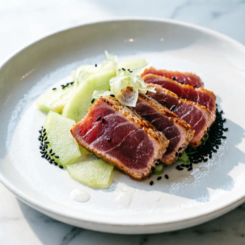 Tataki de Atún de Verano con Texturas de Melón y Aderezo Cítrico