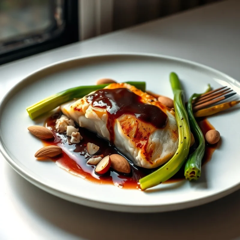 Lubina con Miso Negro y Puerro Braseado