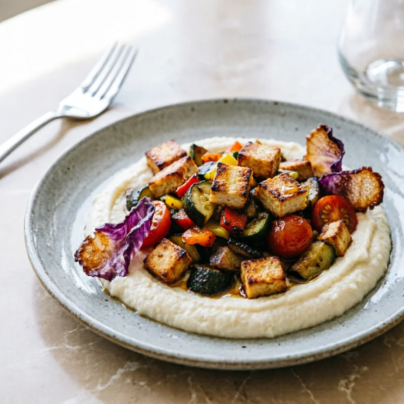 Verduras Ahumadas con Tofu Crujiente y Encurtidos