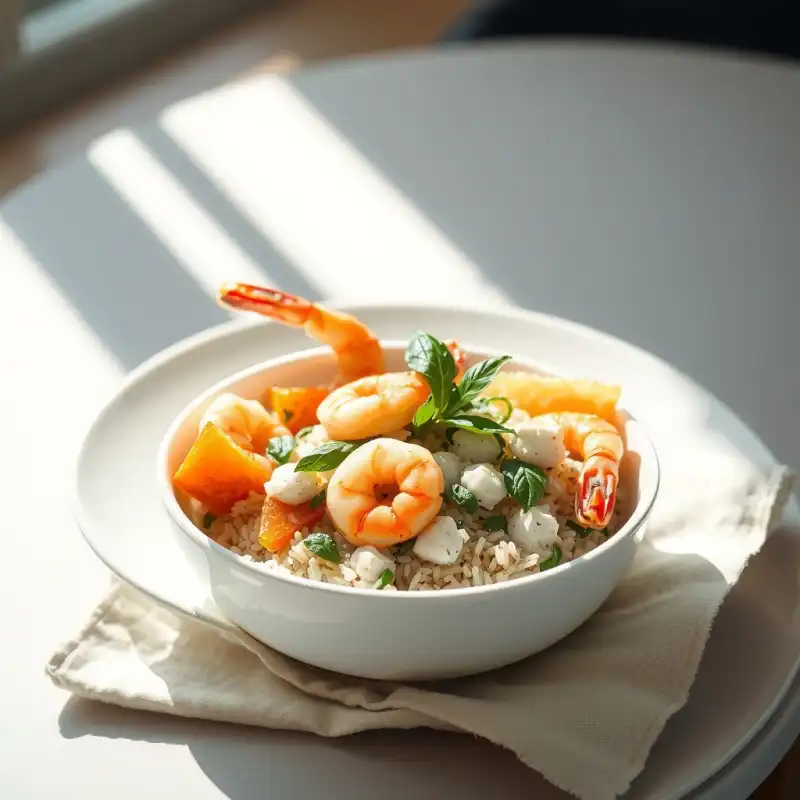 Arroz Mar y Tierra con Melón Asado y Chilies