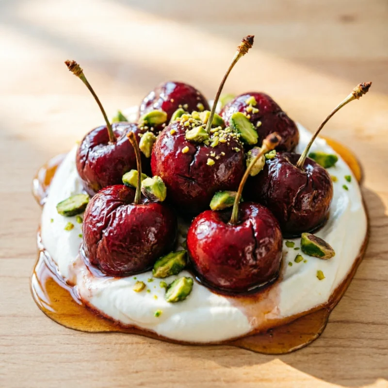 Cerezas Asadas con Crema de Yogur y Pistacho